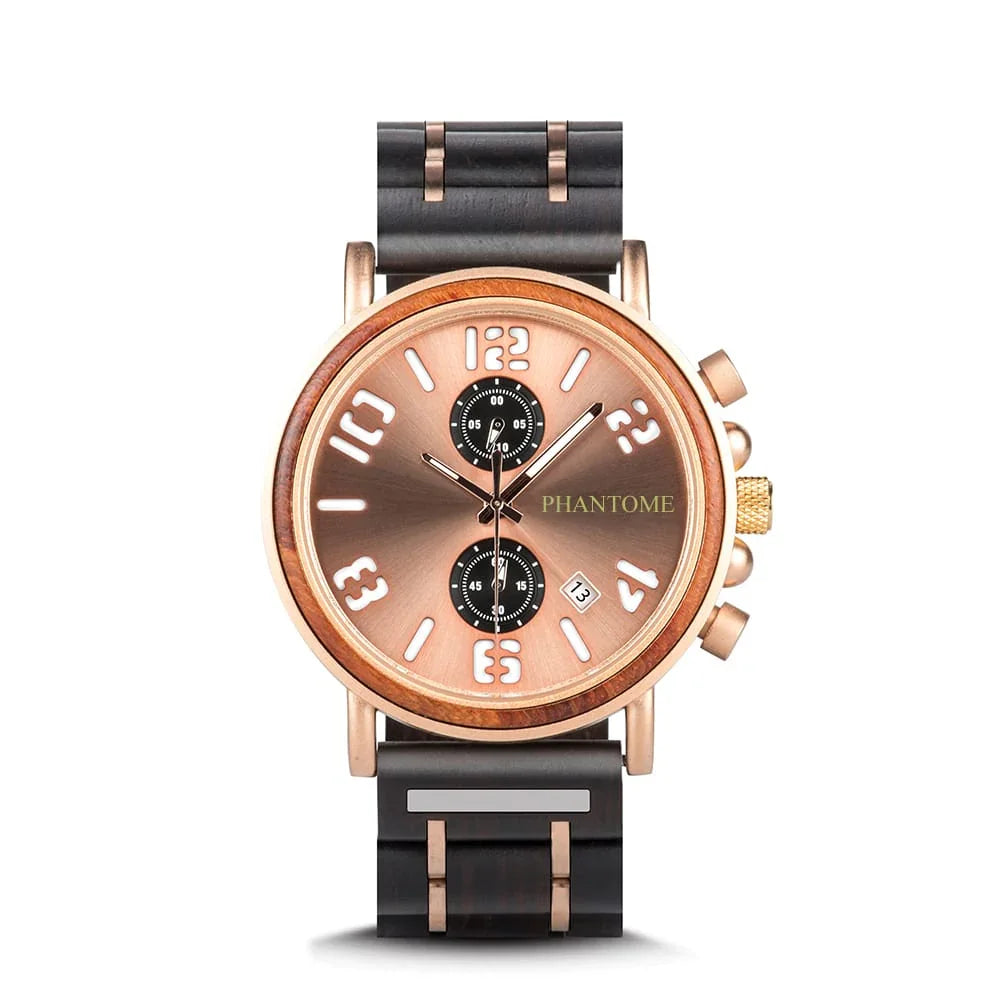 Luxury watch with rose gold and black design on a white background