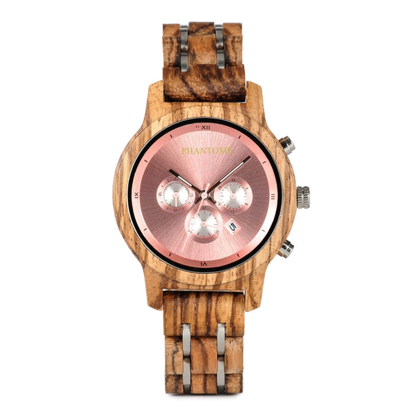 Rosé Zebra zebrawood watch, standing view